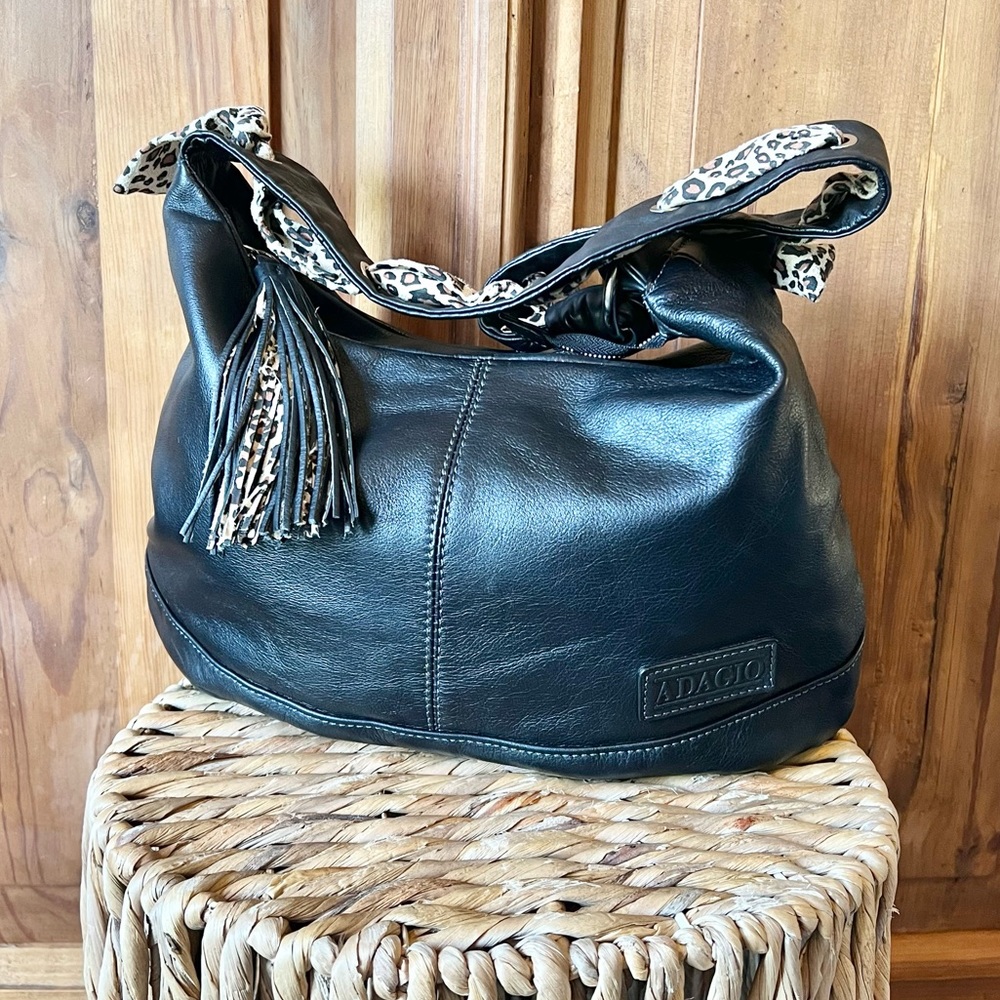 Adagio Black Leather & Leopard Print Hobo Bag Purse